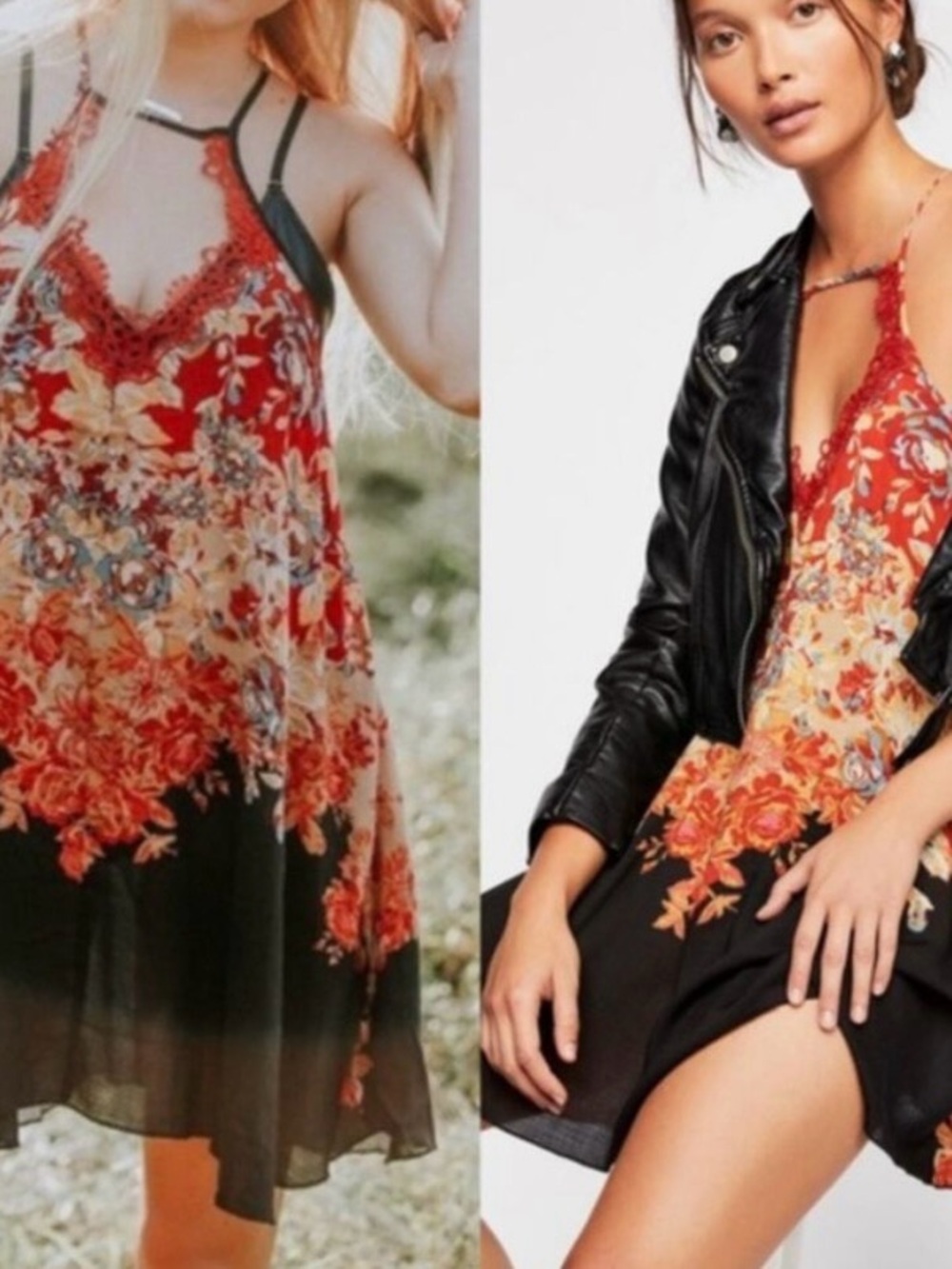 Free People Red and Black Floral Lace-Trim Mini Slip Dress